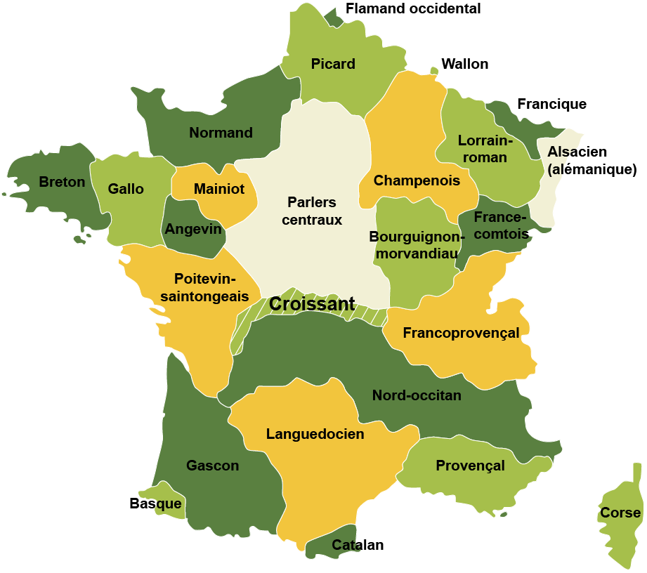 Carte des parlers français mettant en avant le Croissant Marchois zone dans laquelle se situent les Croix de Crozant