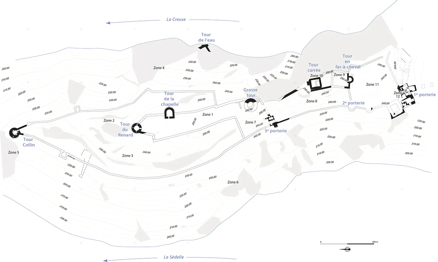 plan des ruines de la forteresse de Crozant réalisé par l'association HADES